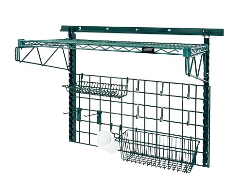 The Quantum Store Grid Medium-Duty Kit in green epoxy features a 36W x 18D shelf, various hooks, and baskets for organizing. It includes a wire mesh grid panel, wall track, cantilever arms, drying rack, and more—perfect for utility spaces. Antimicrobial finish ensures durability and hygiene.