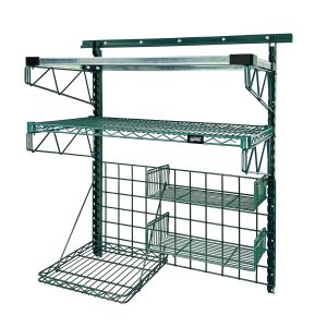The Quantum Store Grid Medium-Duty Kit comes with a 40 wall track, galvanized steel shelf (1836SG), and versatile shelving options for organizing tools or supplies. Features green epoxy antimicrobial finish and grid panel, providing durable storage solutions.