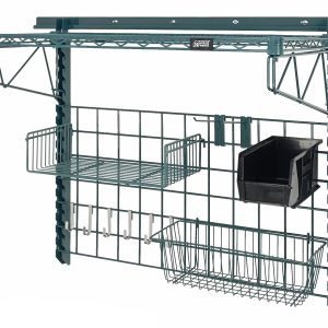 The Quantum Store Grid Medium-Duty Kit includes a 40 wall track, 18 x 36 grid panel, various hooks and shelves, a single bin holder with a Qus230 bin (available in multiple colors), and features a black epoxy antimicrobial finish. Its ideal for efficiently organizing tools.