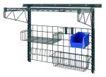 The Quantum Store Grid Medium-Duty Kit features an 18 x 36 grid panel with a black metal design, a small shelf, a blue QUS230 bin, multiple hooks, and two wire baskets for organizing. It includes a 40 wall track for stability and comes in green epoxy antimicrobial finish.