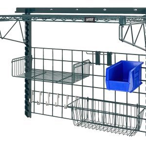 The Quantum Store Grid Medium-Duty Kit features an 18 x 36 grid panel with a black metal design, a small shelf, a blue QUS230 bin, multiple hooks, and two wire baskets for organizing. It includes a 40 wall track for stability and comes in green epoxy antimicrobial finish.