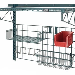 The Quantum Store Grid Medium-Duty Kit includes a 40 wall track, grid panel, hooks, and red Qus230 bin. Featuring wire shelves and baskets for tools, it offers storage with 31 uprights and cantilever arms on an antimicrobial green epoxy finish.