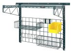 This Quantum Store Grid Medium-Duty Kit in a green epoxy antimicrobial finish includes an 18 x 36 grid panel with a 9 x 18 small shelf, a yellow QUS230 bin on the upper right shelf, and multiple hooks at the bottom. Ideal for efficient tool organization.