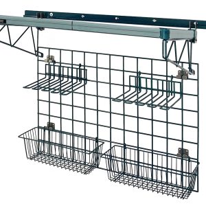 The Quantum Store Grid Kit, with a 24 x 36 panel and green epoxy finish, includes a 40 wall track and features two wire baskets plus two utensil holders for efficient storage. It offers sleek organization with antimicrobial protection.