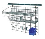 The Quantum Store Grid Kit boasts a 40 wall track and 30 x 36 grid panel, featuring an 18W x 36L shelf, a basket, hooks, a small shelf, and bin holder with an NSF green epoxy finish—ideal for tool or household item organization.