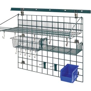 The Quantum Store Grid Kit boasts a 40 wall track and 30 x 36 grid panel, featuring an 18W x 36L shelf, a basket, hooks, a small shelf, and bin holder with an NSF green epoxy finish—ideal for tool or household item organization.