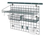 The Quantum Store Grid Standard-Duty Kit features a 40 wall track, 36W x 30H grid panel, a 36W x 18D large shelf, a 17W x 7D x 5H basket, a single bin holder with Qus230 clear bin, and a wall tack mounting bracket. It has an antimicrobial green epoxy finish for flexible storage anywhere.