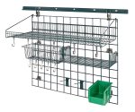 The Quantum Store Grid Kit is a metal wire wall organizer with a 30 x 36 grid panel and 40 wall track. It includes an 18W x 36L large shelf, a versatile basket, hooks of various sizes, a bin holder with options including green, and features antimicrobial finish for optimal organization.