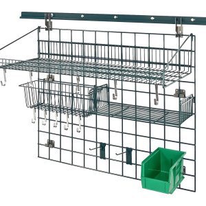 The Quantum Store Grid Kit is a metal wire wall organizer with a 30 x 36 grid panel and 40 wall track. It includes an 18W x 36L large shelf, a versatile basket, hooks of various sizes, a bin holder with options including green, and features antimicrobial finish for optimal organization.
