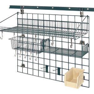 The Quantum Store Grid Standard-Duty Kit features a 30 x 36 grid panel, 40 wall track, large and small shelves, hooks, a basket, and a single bin holder with color options. With its green epoxy antimicrobial finish, its perfect for organizing home or office spaces.