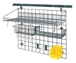 The Quantum Store Grid Standard-Duty Kit offers versatile storage with a 30 x 36 grid panel, an 18W x 36L large shelf, a 17L x 7W x 5H basket, (2) 6 hooks and (10) small hooks, plus a single bin holder with a yellow Qus230 bin.