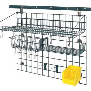 The Quantum Store Grid Standard-Duty Kit offers versatile storage with a 30 x 36 grid panel, an 18W x 36L large shelf, a 17L x 7W x 5H basket, (2) 6 hooks and (10) small hooks, plus a single bin holder with a yellow Qus230 bin.