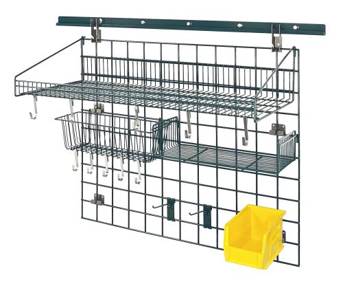 The Quantum Store Grid Standard-Duty Kit offers versatile storage with a 30 x 36 grid panel, an 18W x 36L large shelf, a 17L x 7W x 5H basket, (2) 6 hooks and (10) small hooks, plus a single bin holder with a yellow Qus230 bin.