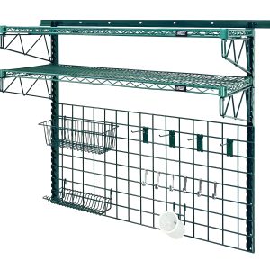Introducing the Quantum Store Grid Medium-Duty Kit, featuring: a 56 wall track, two 44 uprights, four 18 cantilever arms, two 36W x 18D shelves, and a versatile grid panel. Includes green epoxy hooks, a wire basket, and more essentials for efficient tool organization.