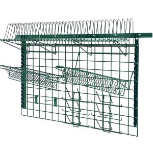 The Quantum Store Grid Medium-Duty Kit, featuring a 48W x 30H grid panel and a green epoxy antimicrobial finish, includes a wall track, uprights, drying racks, bottle holders, and hooks for organizing your garage or workspace efficiently.