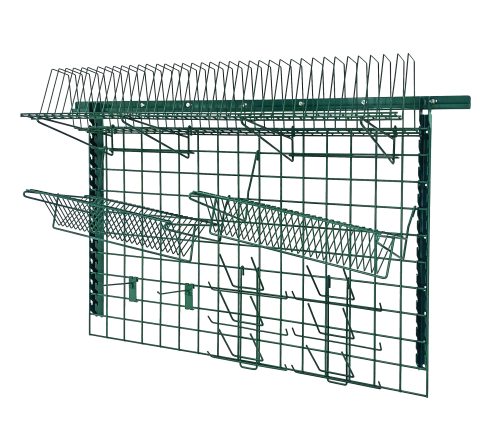 SGK-563048-1P.jpg The Quantum Store Grid Medium-Duty Kit, featuring a 48W x 30H grid panel and a green epoxy antimicrobial finish, includes a wall track, uprights, drying racks, bottle holders, and hooks for organizing your garage or workspace efficiently.