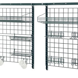 The Quantum Store Grid Medium-Duty Kit includes a 72 wall track, four 44 uprights, and four grid panels. It features two large shelves, drying racks, cylinder holders, flatware cylinders, and utensil holders. Ideal for organized item display with a green epoxy antimicrobial finish.