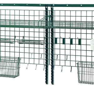 The Quantum Store Grid Medium-Duty Kit, in a green epoxy antimicrobial finish, features a 72 wall track, four 44 uprights, and comes with grid panels, large shelves, lid holder drying racks, cylinder holders, baskets, and hooks—perfect for organized and versatile item storage.