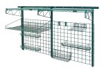 The green Quantum Store Grid Medium-Duty Kit features (2) 36W x 30H grid panels, (2) 40 wall tracks, and various shelves and hooks. It includes adjustable components like (2) 18 single cantilever arms, perfect for efficient garage or workshop organization.