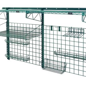 The green Quantum Store Grid Medium-Duty Kit features (2) 36W x 30H grid panels, (2) 40 wall tracks, and various shelves and hooks. It includes adjustable components like (2) 18 single cantilever arms, perfect for efficient garage or workshop organization.
