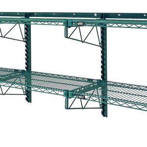 The Quantum Store Grid Medium-Duty Kit includes a durable, green epoxy antimicrobial finish with wall-mounted bracket systems and three adjustable wire shelves. The kit contains four 18 single cantilever arms, ensuring versatile storage solutions.
