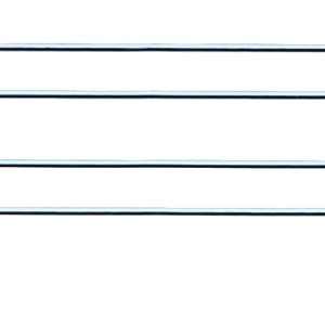 The Quantum Side Ledge, measuring 18D x 4H, features a chrome-plated finish with two horizontal bars and four vertical prongs for securing items on a shelf. Its sleek and minimalist design enhances light reflection.