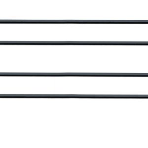 The Quantum Side Ledge, measuring 18D x 4H, features two long thin metal rods parallel to each other with looped ends. Shorter perpendicular rods connect them to form an inverted U shape. The black epoxy antimicrobial finish contrasts strikingly against a stark white background.