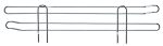 The Quantum Side Ledge features a simple, geometric structure with two intertwined 304 stainless steel rods, parallel and interconnected at the center, boasting loops at each end. This symmetrical piece against a white background measures 21D x 4H.