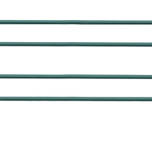 The Quantum Side Ledge, with dimensions of 24D x 4H, is a green metal plant support featuring two horizontal bars and two curved vertical stakes. It has a green epoxy antimicrobial finish, making it perfect for versatile placement in gardens or pots.