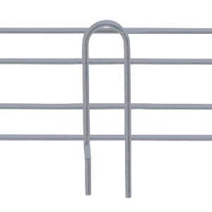 The Quantum Side Ledge is a minimalistic, gray metal wire hanger with four evenly spaced vertical supports and a double horizontal bar design. It features a gray epoxy antimicrobial finish against a plain white background and measures 30D x 4H.