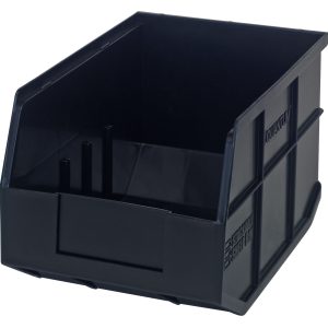 The Quantum Stackable Shelf Bin, made in the USA from black polypropylene, is a 12W x 8-1/4D x 7H rectangular storage solution with reinforced sides and ridges, ideal for organizing home, garage, or office items. It features an open front for easy access and is autoclavable up to 250°F.