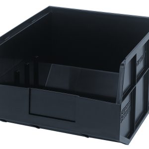 The Quantum Stackable Shelf Bin is a black, rectangular polypropylene storage bin, measuring 12W x 11D x 7H. Made in the USA, its stackable with reinforced sides and features an open front and label holder. Its also autoclavable up to 250°F.