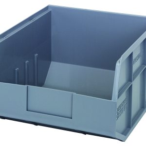 The Quantum Stackable Shelf Bin in gray polypropylene offers an open front for easy access. Measuring 12W x 11D x 7H, it features reinforced sides and a smooth finish, ideal for organizing. Autoclavable up to 250°F, its made in the USA for versatile use.