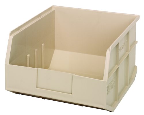 The Quantum Stackable Shelf Bin, in ivory, measures 12W x 11D x 7H. Crafted from durable polypropylene and autoclavable up to 250°F, it features ridged sides and an elevated base for strength. Made in the USA, its perfect for organizing small items.