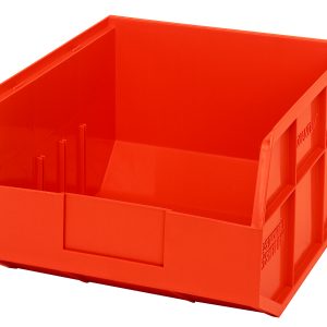 The Quantum Stackable Shelf Bin, made in the USA, measures 12W x 11D x 7H. It is orange, crafted from polypropylene, and autoclavable up to 250°F. The bin features an open front, reinforced sides for efficient organization and easy access, and includes an integrated label holder for clear identification.