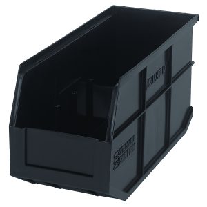 The Quantum Stackable Shelf Bin, measuring 14W x 6D x 7H, is black with an open top and slanted front. Made from durable polypropylene with ridged sides for strength, it features a label area and is autoclaved at up to 250°F, ideal for efficient organization. Made in the USA.