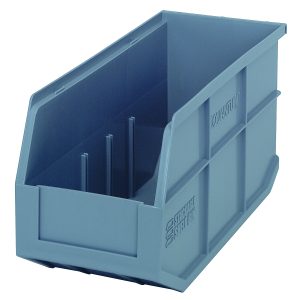 A large gray plastic Quantum Stackable Shelf Bin, with dimensions 14W x 6D x 7H, features an open front and stackable shelf design. The sides have ridges for added strength. Made in the USA from autoclavable polypropylene (up to 250°F).