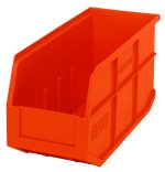 The Quantum Stackable Shelf Bin, 14W x 6D x 7H, comes in vibrant orange and has an open front with reinforced sides. Its perfect for organizing, made of polypropylene, autoclavable up to 250°F, and crafted in the USA.