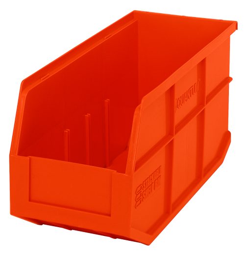 The Quantum Stackable Shelf Bin, 14W x 6D x 7H, comes in vibrant orange and has an open front with reinforced sides. Its perfect for organizing, made of polypropylene, autoclavable up to 250°F, and crafted in the USA.