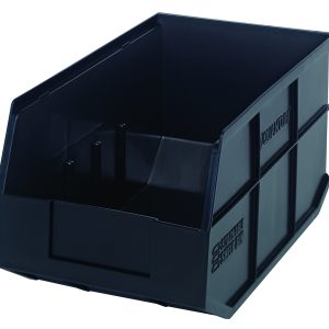 The black Quantum Stackable Shelf Bin, 14W x 8-1/4D x 7H, features an open front for easy access, ribbed sides for extra strength, and embossed branding. Ideal for organizing tools or small items and is autoclavable up to 250°F. Made in the USA from polypropylene.