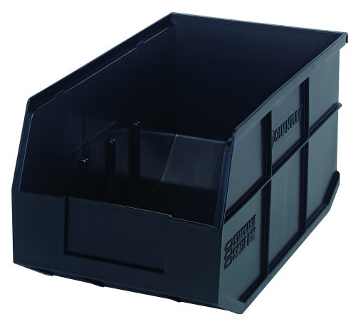 The black Quantum Stackable Shelf Bin, 14W x 8-1/4D x 7H, features an open front for easy access, ribbed sides for extra strength, and embossed branding. Ideal for organizing tools or small items and is autoclavable up to 250°F. Made in the USA from polypropylene.