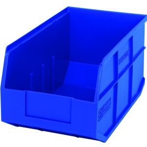 The Quantum Stackable Shelf Bin in blue polypropylene measures 14W x 8-1/4D x 7H, features an open front, reinforced sides, and is autoclavable up to 250°F. Its durable design offers practicality and utility for organizing and storing items in any space. Made in the USA.