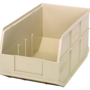 The Quantum Stackable Shelf Bin, made from polypropylene in ivory, measures 14W x 8-1/4D x 7H. It features a sloped design with ribbed sides and a flat bottom for organizing small items. Autoclavable up to 250°F, this USA-made bin efficiently optimizes space for versatile storage needs.