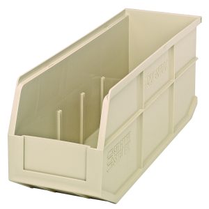 The Quantum Stackable Shelf Bin, measuring 18W x 6D x 7H and made in the USA from ivory polypropylene, features ribbed sides for reinforcement and an open front for easy organization. It is autoclavable up to 250°F, combining durability with practicality.