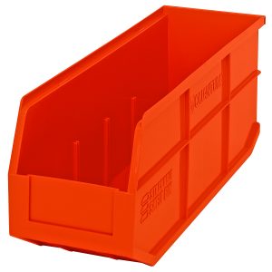 The Quantum Stackable Shelf Bin is an orange, polypropylene storage bin measuring 18W x 6D x 7H with an open top and front. It has ridged sides for structure, is autoclavable up to 250°F, and is made in the USA for organizing or storing items.