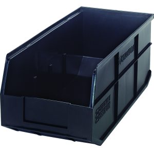 The black Quantum Stackable Shelf Bin, measuring 18W x 8-1/4D x 7H, is made of durable polypropylene with an open front design. It features solid sides and back with stacking grooves and is embossed with Quantum and Storage System. Its also autoclave-safe up to 250°F. Made in the USA.