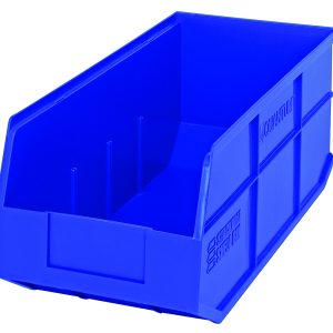 The Quantum Stackable Shelf Bin, 18W x 8-1/4D x 7H in blue polypropylene, is perfect for organizing with its open top/front and ridged sides for support. Made in the USA, its autoclavable up to 250°F and ideal for efficient stackable storage.