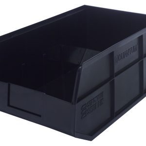 The Quantum Stackable Shelf Bin, measuring 18W x 11D x 7H, is a black, robust polypropylene container ideal for organizing. It features reinforced sides and a label slot for identification. Made in the USA, it is autoclavable up to 250°F and perfect for industrial or personal use.