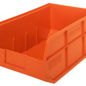 The orange Quantum Stackable Shelf Bin, made in the USA from polypropylene, measures 18W x 11D x 7H with ribbed sides and high walls. Featuring an open front and Quantum embossed on the side, it is autoclavable up to 250°F.