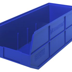 The Quantum Stackable Shelf Bin, made in the USA from durable blue polypropylene, features an open front and reinforced sides embossed with the brand logo. It includes a flat bottom, vertical dividers for organizing small items, and is autoclavable up to 250°F.